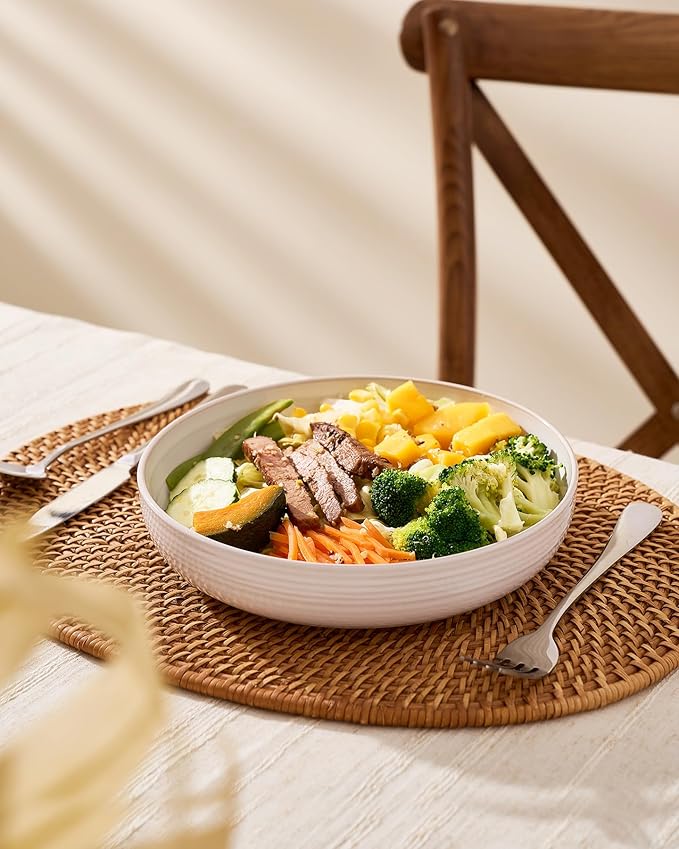 famiware Milkyway 33 oz Bowl Set, Pasta Bowls Set of 8, Salad Bowls, Double Reactive Glaze, Sturdy & Stackable, Ideal for Housewarming, Festivals, White Thread