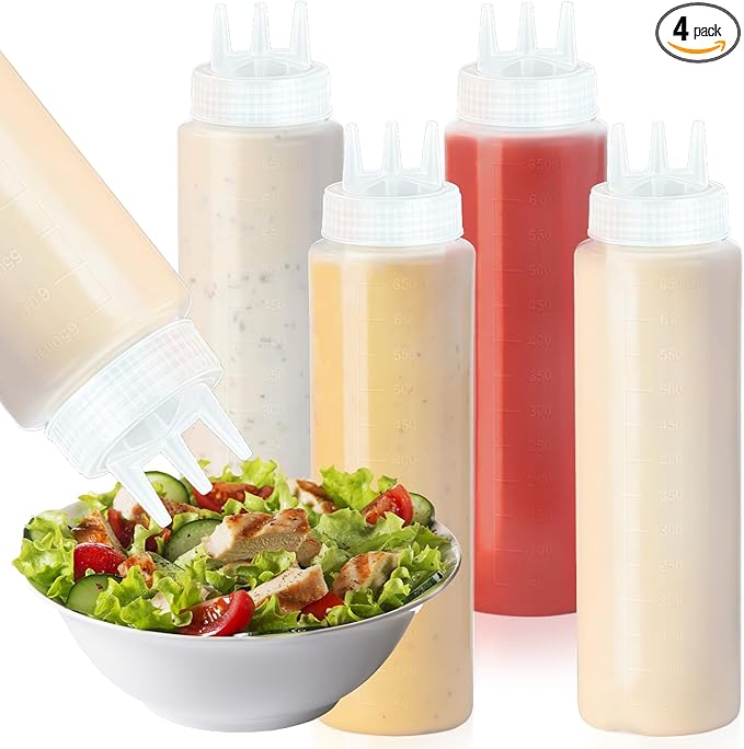 4 PCS 22 oz Plastic Squeeze Bottles For Sauces, Condiment Squeeze Bottles with 3 Holes, Sauce Squeeze Bottle, Suitable for Ketchup, Salad Dressing, Sauce, Condiments, Oil, Honey