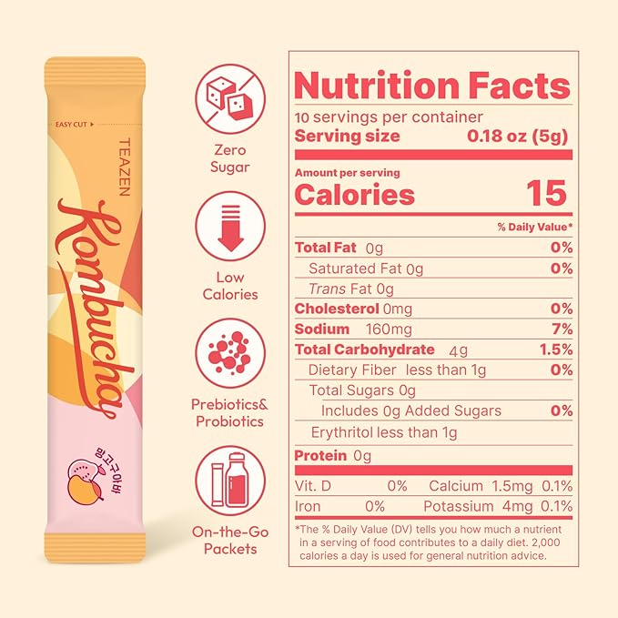 TEAZEN Mango Guava Kombucha Powder, Hydration Drink Mix, Sugar Free, Live Probiotics & Prebiotics, On-the-Go 10 Packets, 1.76oz