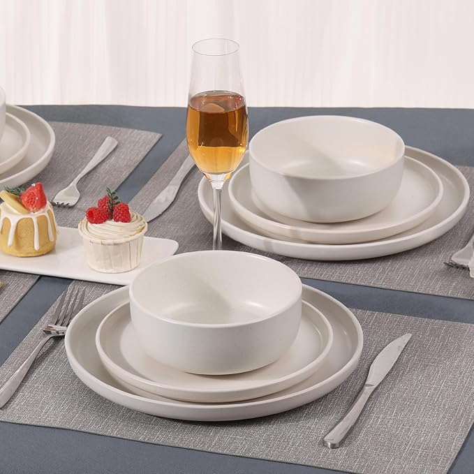Ceramic Plates and Bowls Sets, White Dinnerware Set for Kitchen, Modern Design Dinner Plates, Stoneware Dishware Sets, Microwave and Dishwasher Safe