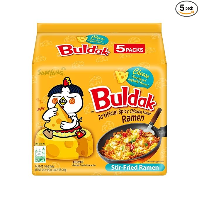 Samyang Buldak Spicy Ramen, Hot Chicken Ramen, Korean Stir-Fried Instant Noodle, Cheese, 1 Bag with 5 Pack