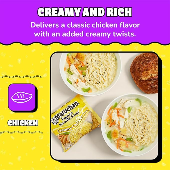 Maruchan Ramen Noodle Soup, Creamy Chicken Flavor – Japanese-Style Instant Noodles, Quick & Easy Meal for Students & Busy Families – 3 Oz. (24 Pack)