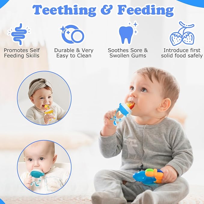 Baby Fruit Feeder Pacifier | 2 Infant Food Feeder Pacifier & Baby Food Dispensing Spoon | Mesh Fresh Fruit Teethers for Babies Teething Feeders | Shower Gifts for Boys and Girls (Blue)