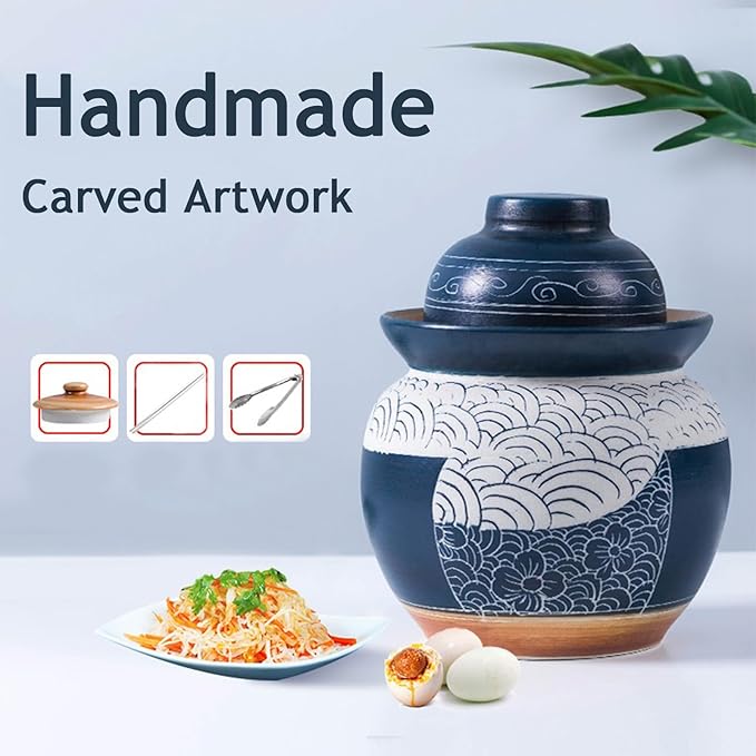 Traditional Chinese Porcelain Pickle Jar, Ceramic Fermenting Jar with Water Seal Airlock Lid, Turnip Kimchi Sauerkraut Fermentation Crock Pickling Pot(5kg, Blueb)