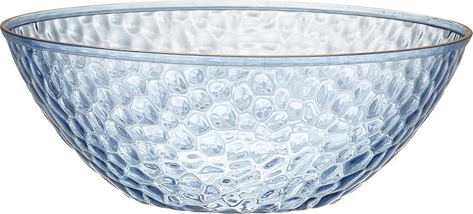 PLASTICPRO 30 Pack 12 Ounce Hammered Plastic Bowls Translucent Blue with Gold Rim Heavyweight Disposable Plastic Soup Bowls Elegant Translucent Hammered Gold Rim Platsic Party Dishes