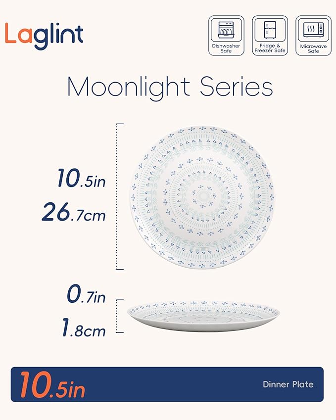 LaGlint 10.5 inch Dinner Plate Set of 6, Lightweight Round Opal Glass Dinnerware Plates, Dishwasher and Microwave Safe, Navy Geometric Floral Mandala Pattern