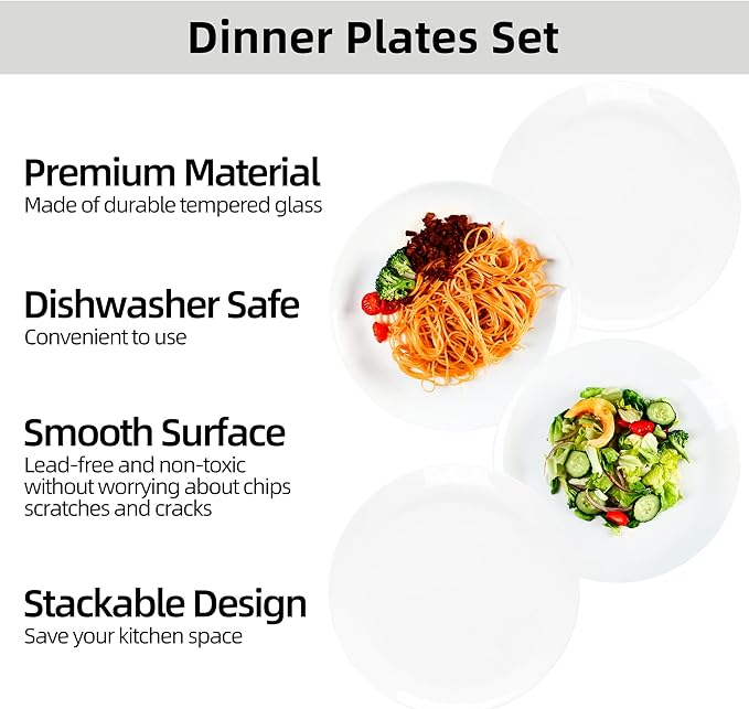 Dinner Plates Set of 12, 10-1/2 inch Glass Salad Plate Set Scratch Resistant, Kitchen White Plates for Serving Dishes, Microwave and Dishwasher Safe