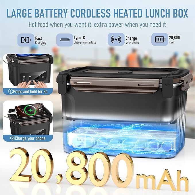 2026 Upgraded Cordless Electric Lunch Box for Adults, 20,800mAh Rechargeable Heated Lunch Box with Even Heating, XL 6.3 Cup Self-Heating Lunch Box for Construction, Office & Travel