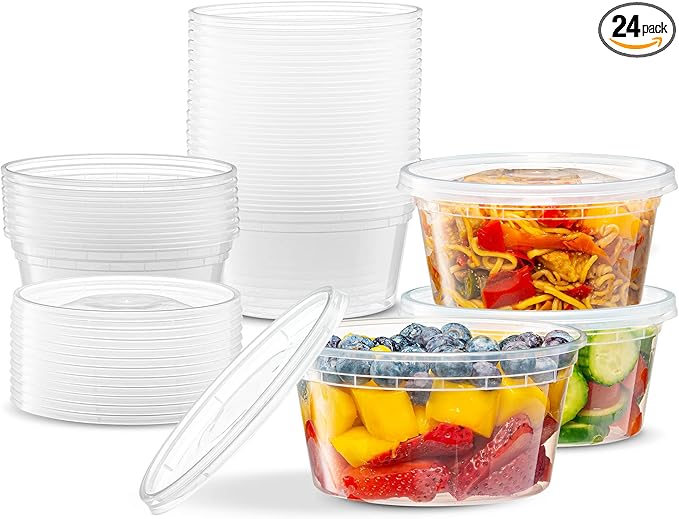 ELEGANT DISPOSABLES 12 OZ - 24 Sets Plastic Deli Food Storage Containers with Airtight Flexible Lids Microwavable, Leak Free, Washable, Freezer Safe.