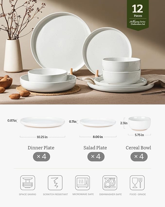 Famiware Milkyway Plates and Bowls Set, 12 Pieces Dinnerware Sets, Dishes Set for 4, White