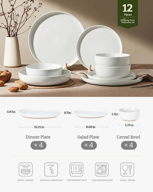 Famiware Milkyway Plates and Bowls Set, 12 Pieces Dinnerware Sets, Dishes Set for 4, White