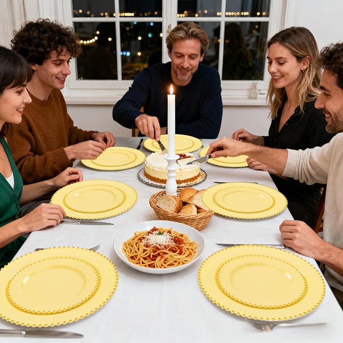 Supernal 100pcs Yellow Plastic Plates,Heavy Duty Plastic Plates,Yellow Party Decorations with Gold Beaded Including 50 Dinner Plate and 50 Disposable Dessert Plate,Pretty Disposable Platos for Wedding
