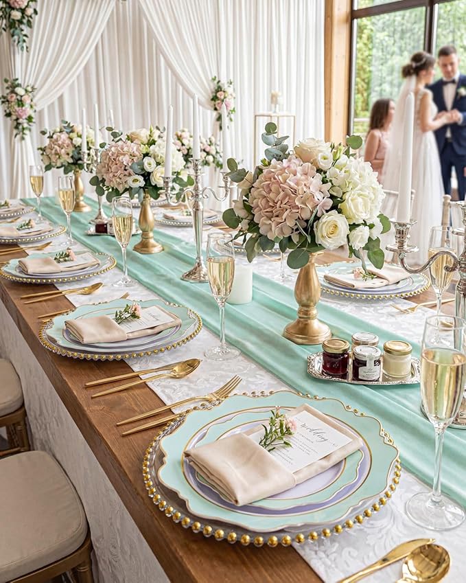 WDF 100PCS Mint Green Plastic Plates - Green Spring Plates Disposable - Heavy Duty Scalloped Plastic Plate for Parties/Wedding/Spring