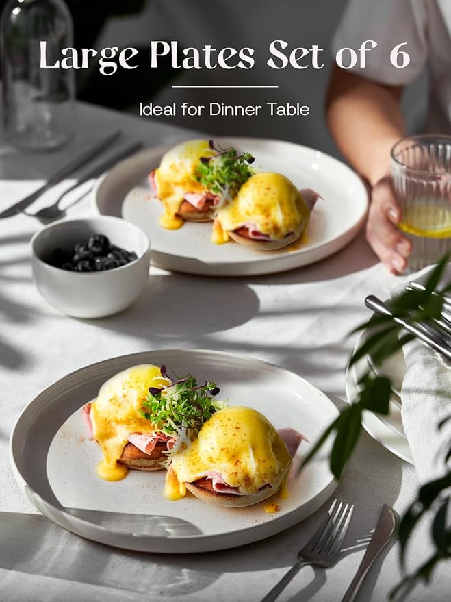 DOWAN 10.5" Large Dinner Plates Set of 6, High Edge Ceramic Plate - Microwave, Oven & Dishwasher Safe, Durable, Modern Dinnerware - Kitchen Porcelain Dish - Khaki White