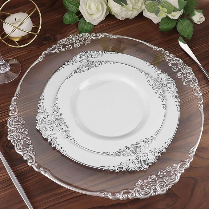 Efavormart 10 Pack | 8" White and Silver Baroque Dessert Plates, Leaf Embossed Metallic Rim Heavy Duty Appetizer Plates for Formal Tea Parties