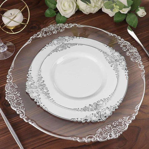 Efavormart 10 Pack | 8" White and Silver Baroque Dessert Plates, Leaf Embossed Metallic Rim Heavy Duty Appetizer Plates for Formal Tea Parties