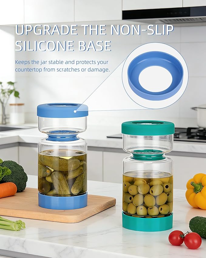 ZENS Pickle Jar with Strainer Flip, 37 oz Hourglass Pickle Juice Separator Container, Airtight Leakproof Lid, 2 Pack Pickling Jars for Olive, Jalapeno Container-Dual Wet-Dry Design