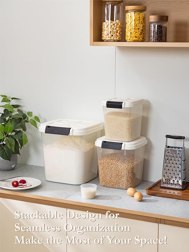 LivLab Mker Rice Dispenser - 50LBS Airtight food storage container with lids,cereal flour storage container with wheels, flour bin rice organizer (25KG)