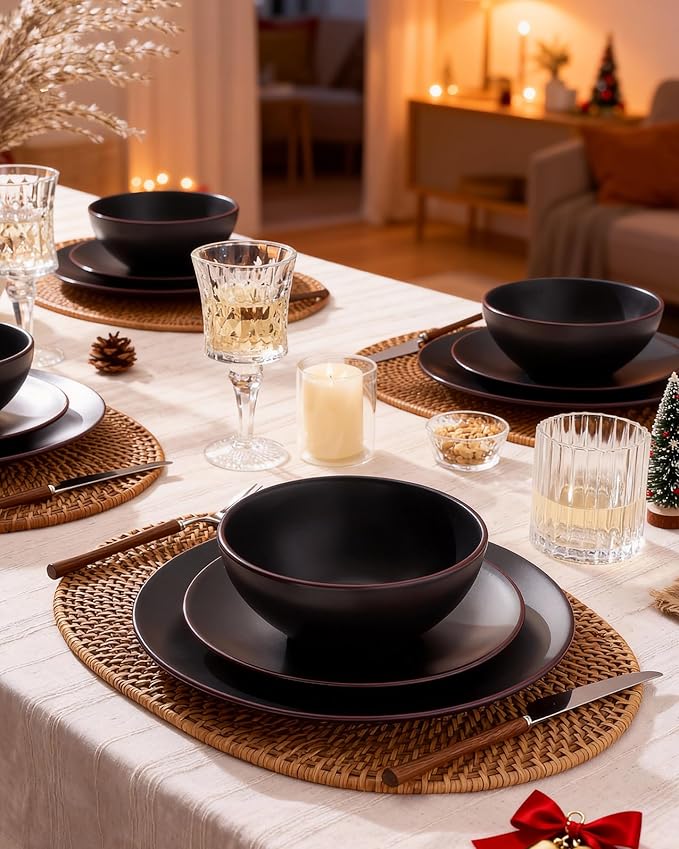 Famiware Venus Plates and Bowls Sets with Trim, 12 Pieces Stoneware Chip‑Resistant Dishes Dinnerware Set for 4, Matte Black - Microwave/Dishwasher Safe, Modern Minimalist, Everyday Meals/Formal Dining