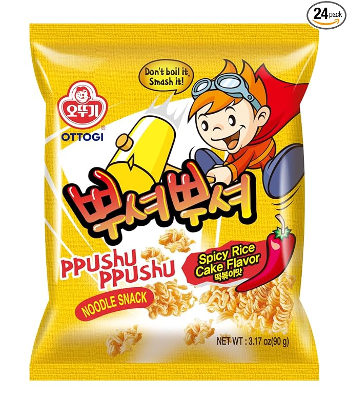 OTOKI Ppushu Ppushu Noodle Snack Spicy Rice Cake (Tteokbokki) Flavor, Korean Ramen Snack, Crush to Eat, 90g, 24 Pack