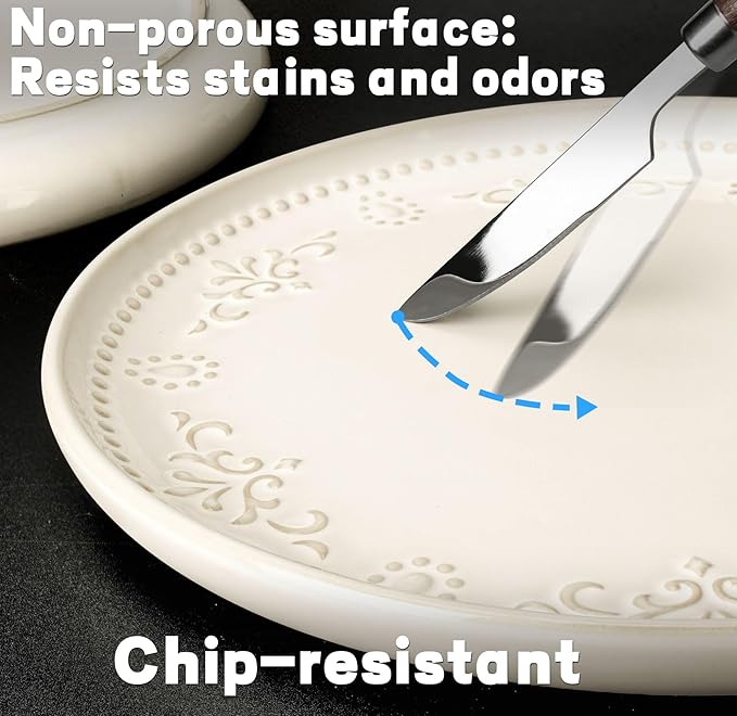 Artena Salad Plates Set Of 4, 8.5 Inch Embossed Appetizer Plates, Ceramic Small Dinner Dessert Plate, With Lipped Edges for Kitchen Microwave Oven Dishwasher Safe (Damask Floral) (Pack of 2)