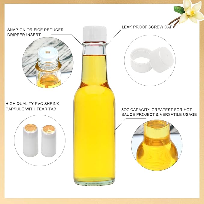 5oz Hot Sauce Bottles with Lids,Clear Woozy Bottles with Shrink Capsules,Small Wine Making Bottles With Lids for Bottling,Empty 5oz Glass Vanilla Extract Bottles With White Caps Set of 16
