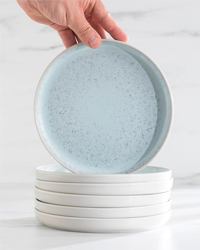 Stoneware dinner plates set 2 pcs – Light beige & blue stylish plates – Dishwasher, microwave and scratch resistant – Small salad & cake plates – Dinner service Pure Living