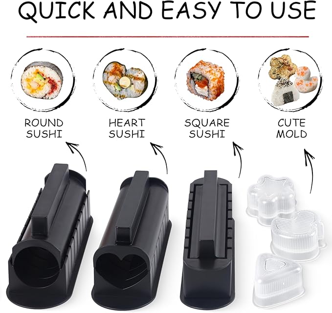 HI NINGER Sushi Maker Set, 24-piece sushi maker kit for beginners to make their own sushi. Can be used as a sushi plate with rice roll molds, knife, sushi plate,sushi rolling mat (Black)