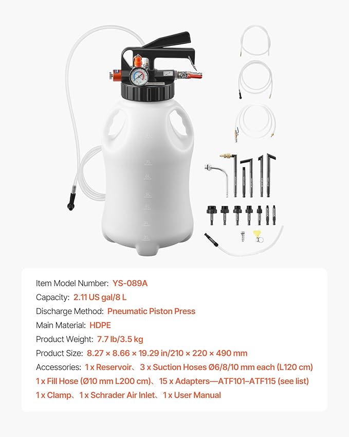 VEVOR Transmission Fluid Pump, 8 L Pneumatic Oil Fluid Extractor, ATF Refill Dispenser Transfer Pump with 15 ATF Adapters, Oil Extractor Dispenser with HDPE Tank for Cars, Boats, Lawn Mowers