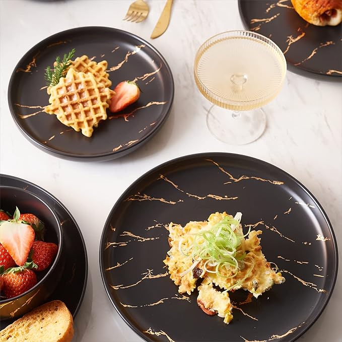 Pokini Black Gold Splash Dinnerware Sets, Marble Porcelain Plates and Bowls Sets, Modern Luxury Dish Set for 4, 12 Pieces Fine China Plates Set for Formal Dinners and Anniversaries