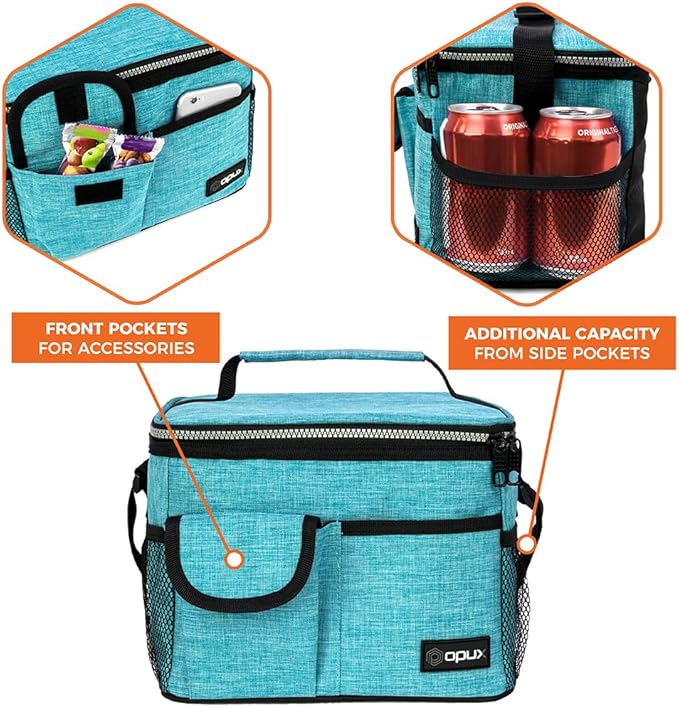 opux Insulated Lunch Box for Men Women Kids, Leakproof Reusable Lunch Bag Cooler for Work School Office, Soft Thermal Lunchbox Tote Shoulder Strap for Boys Girls Adults, Heather Sea Blue, 14 Can/8L