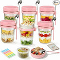 6 Pack Overnight Oats Containers with Lids and Spoon - 16 oz Glass Mason Jars with Separate Compartments Leakproof Chia Pudding Salad Yogurt Parfait Cups for Oatmeal Cereal Meal Prep (Pink)