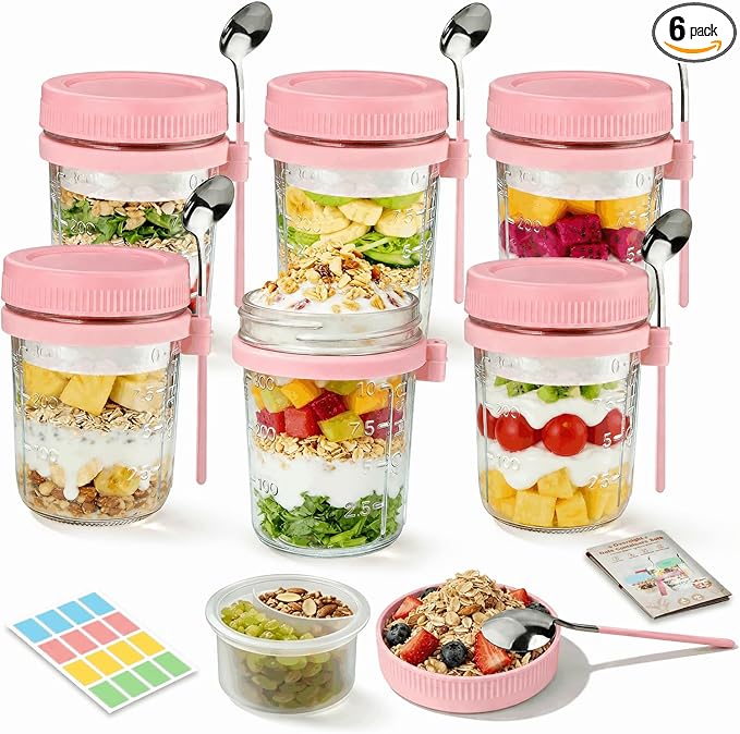 6 Pack Overnight Oats Containers with Lids and Spoon - 16 oz Glass Mason Jars with Separate Compartments Leakproof Chia Pudding Salad Yogurt Parfait Cups for Oatmeal Cereal Meal Prep (Pink)