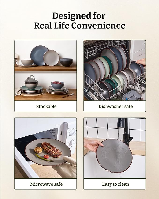 Famiware Venus 16-Piece Stoneware Dinnerware Sets with Mugs, Plates, Bowls, Service for 4, Matte Dark Gray - Modern Ceramic Chip‑Resistant Dishes for Everyday & Formal Use, Microwave & Dishwasher Safe