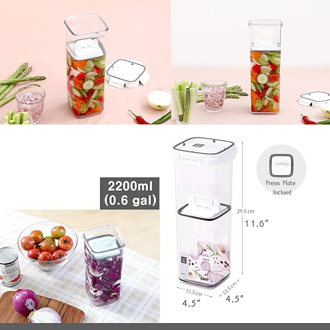 Pickle keeper Press Plate Food Storage Container Organizer for Kimchi Sauerkraut Fermentaion Airtight Lid Locking for Preserved Food (2200ml / 0.6 gal)