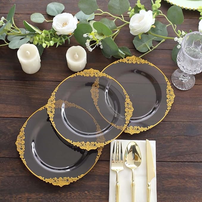 Efavormart 10 Pack | 8" Translucent Black and Gold Baroque Dessert Plates, Leaf Embossed Metallic Rim Heavy Duty Appetizer Plates for Edgy Social Events