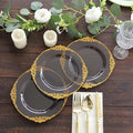 Efavormart 10 Pack | 8" Translucent Black and Gold Baroque Dessert Plates, Leaf Embossed Metallic Rim Heavy Duty Appetizer Plates for Edgy Social Events