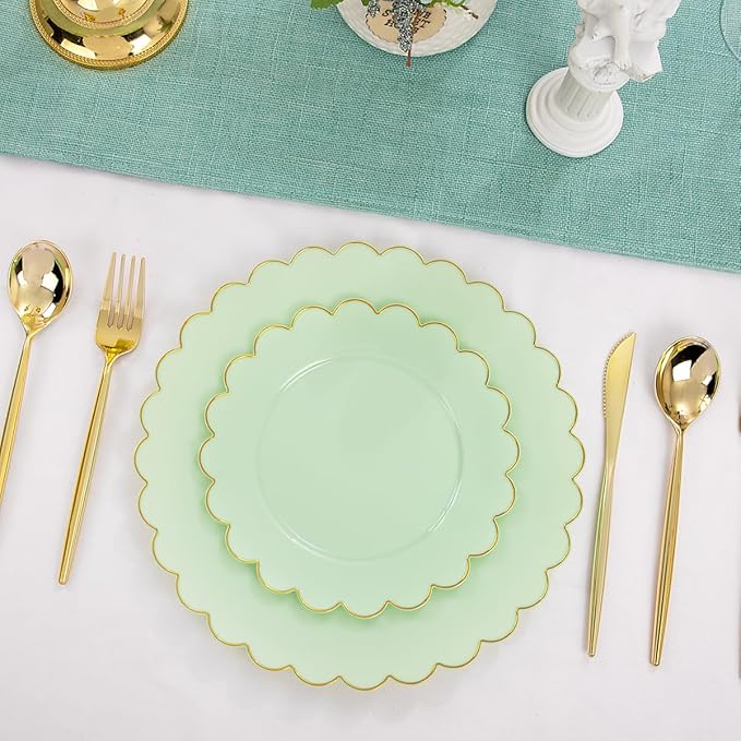LIYH 60 Pcs Light Green Plastic Plates with Gold Edges, Disposable Sage Green and Gold Plastic Plates Includes 30 Dinner Plate 10.25 Inch and 30 Dessert Plate 7.5 Inch for Birthday Party