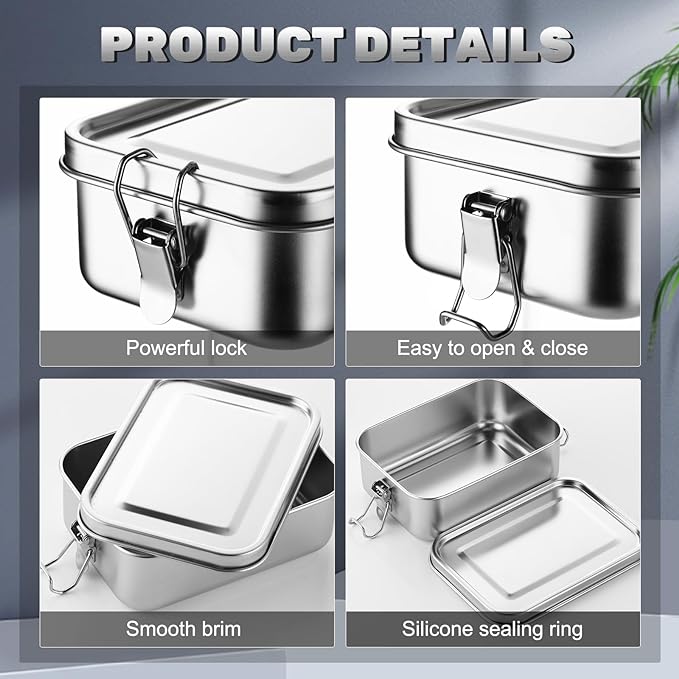 Umigy 4 Pcs Stainless Steel Food Containers Metal Bento Lunch Box Stainless Steel Food Storage Containers, Lockable Clips to Leak Proof, Reusable Dishwasher Snack Boxes for Work (850ml)