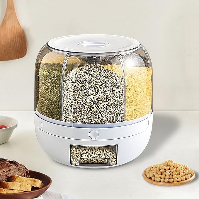 360° Rotating Grain Storage Container – Large Rice Dispenser with One-Click Output, Multi-Compartment Kitchen Organizer for Small Grains, Beans, Flour (Airtight & Stackable)