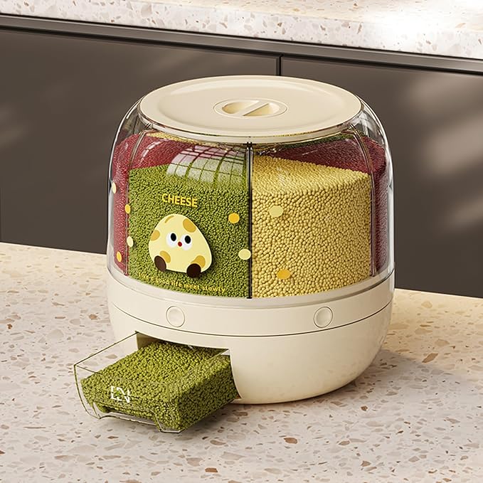 UFORU Rice Dispenser | 360° Rotating Grain Storage Bin - 6 Grids, 20LBS Large Capacity Food Container, Moisture-Proof, One-Click Output for Rice, Beans & Pet Food (Decorative Print)