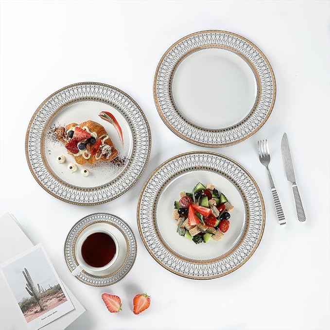 YEWUDHOM Porcelain Plates,Ceramic Dinner Plates Set of 4,Plate Set for 4 Dinning Kitchen,Golden Thread Pattern Steak Salad Plate Set for Home Restaurant Utensils,10.5" Large,White and Gold