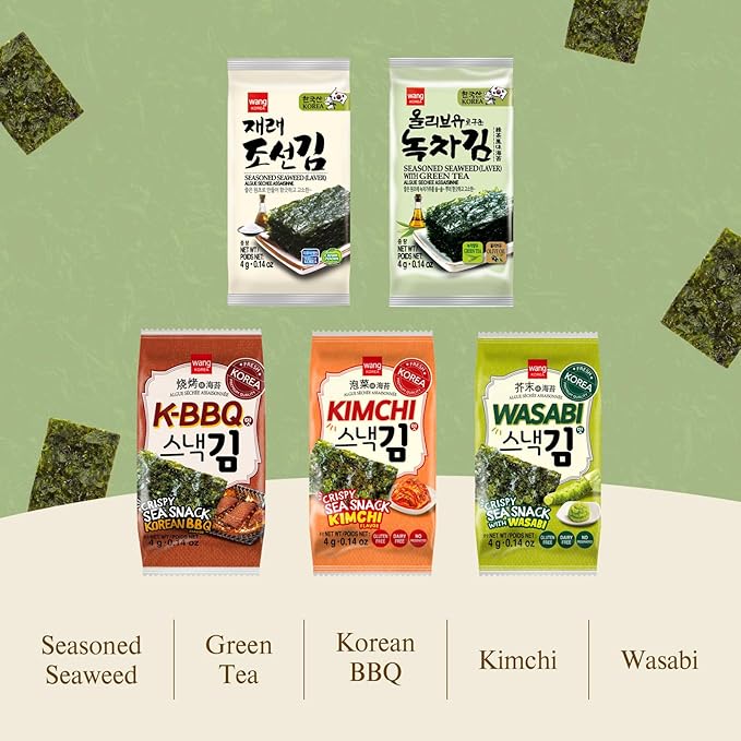 Wang Olive Oil Roasted Seaweed Snack with Green Tea, Gluten-free, Keto-friendly, Vegan, Healthy Snack 0.14 Ounce, Pack of 16