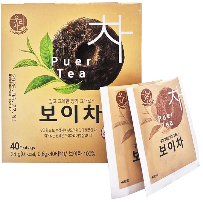 SONGWON 100% Pu-erh Tea – Deep & Fragrant Flavor, Smooth Taste, 0.6g x 40 Tea Bag (0.85oz / 24g)