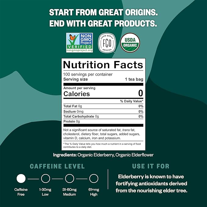 FGO Organic Elderberry Tea, 100 Count, Eco-Conscious Herbal Tea Bags, Resealabel Bag, Caffeine Free, Packaging May Vary (Pack of 1)