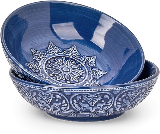 Sungmor Embossed Stoneware Fine Dining Dinnerware, Antique Baroque Style Porcelain 8 Inch Large Serving Bowls Set of 2, Sophisticated Ceramic Bowls for Salad, Soup, Cereal, Pasta