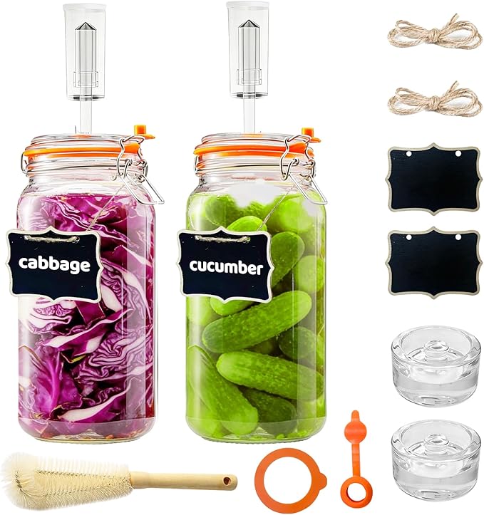 Fermentation Jar, 2 Pack 64oz Glass Fermenting Kit with Fermenting Weights Airlocks Brush,Sealed fermentation lids Tracks ferment date