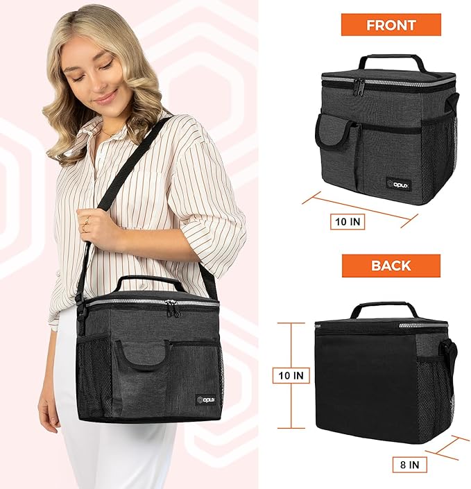 opux Insulated Lunch Box for Men Women Kids, Leakproof Reusable Lunch Bag Cooler for Work School Office, Soft Thermal Lunchbox Tote Shoulder Strap for Boys Girls Adults, Heather Charcoal, 18 Can/10L