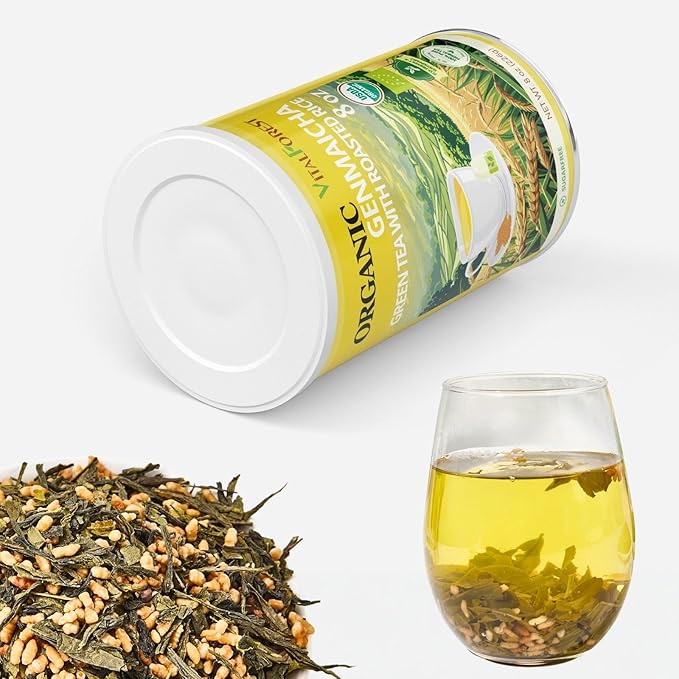 8oz Organic Genmaicha Green Tea with Roasted Rice, Genmaicha Tea Loose Leaf, Roasted Green Tea, Brown Rice Tea, Smooth Nutty Flavor