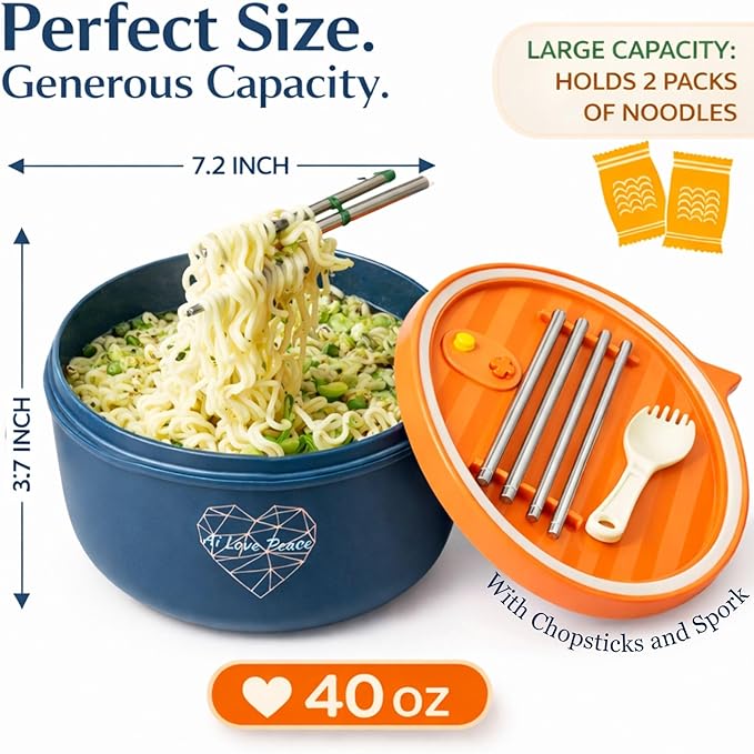AI LOVE PEACE Ramen Bowl, 40 oz Microwaveable Noodle Cooker for Ramen, Pho, Soup, and Pasta, Dishwasher Safe and Portable, Ideal for Home, Office, Dorm, or Gift (Orange)